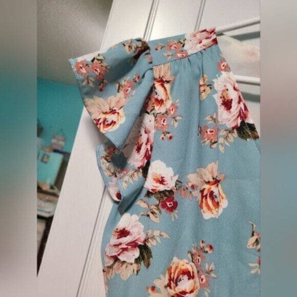 Lord & Taylor Blue Floral Wrap Side Tie Flutter Ruffle Cap Sleeve Mini Dress XS - Picture 14 of 16